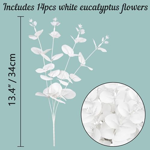 14PCS White Eucalyptus Artificial Faux Flowers for Decoration - Fake Silk Stems in Vase Christmas Holiday Winter Wedding Home Decor