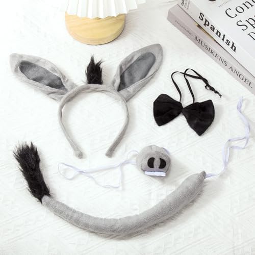 JIALWEN Donkey Costume Set Donkey Ears Headband Nose and Tail Bowtie Animal Kit Cosplay Party Decor Halloween Christmas Easter Dress Up Accessories