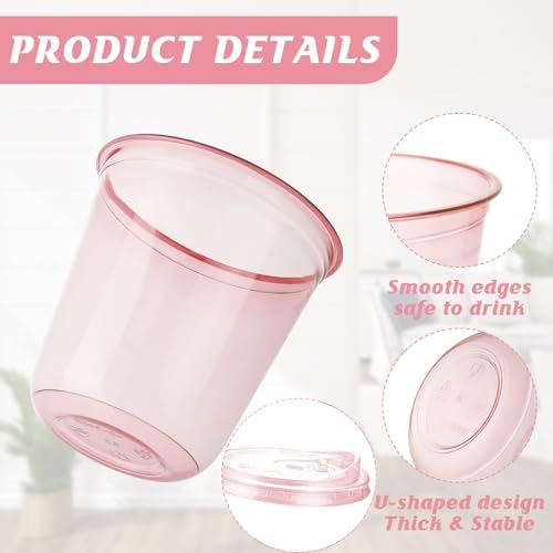 12oz Disposable Stemless Glasses With Strawless Sip Lids,PET Disposable Drinking Cups,Clear Plastic Wine Glasses for Parties Birthday,Wedding,Meeting,Christmas Party Supplies. (50, Pink)