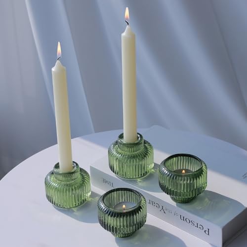 Woho Candlestick Holders Set of 4 for Taper Candles/Tea Lights, Green Ribbed Candle Sticks Holder Decor for Table Centerpiece, Reversible Taper Candle Holders Glass for Christmas Home Decoration