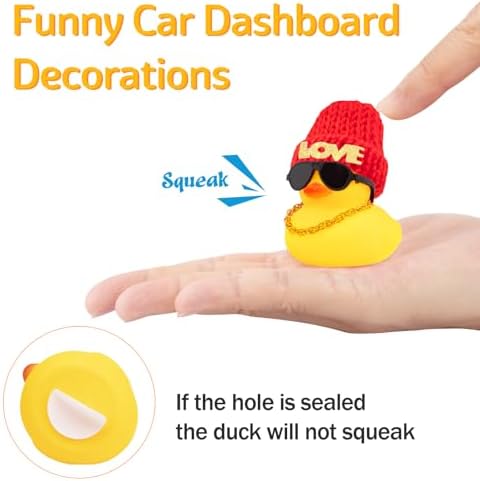 wonuu Car Dashboard Rubber Ducks Saint Valentine's Day Decorations, Christmas Eve Rubber Ducky for Car Ornament Cute Duck with Love Knit Hat, Glasses, Necklace, Pink