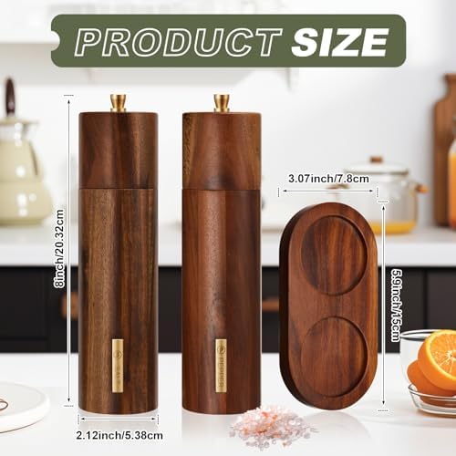 Wooden Salt and Pepper Grinder Set 8 Inch Manual Salt and Pepper Mill with Tray Adjustable Coarseness Refillable Wood Grinders with Gold Bottle Label for Kitchen Christmas Home Gift(Wood Color)