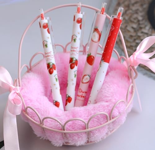 YYaaloa 12pcs Cute Strawberry Pens Black Gel Ink Pens Retractable 0.5mm Nice Mother's Day Gifts Fun Pen for Kids Girls Boys Christmas Gifts
