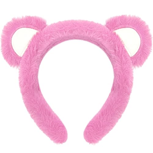 Wittocs Pink Bear Ears Headband Plush Bear Ear Headwears for Women Girls Makeup Headband Cute Fashion Fluffy Soft Face Washing Headbands New Year Christmas Valentines Day Hair Hoop