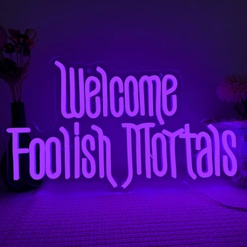 Welcome Foolish Mortals Neon Sign,Dimmable Spooky Gothic Haunted Mansion Decor Coffin LED Neon Signs for Wall Decor,USB Powered Led Neon Light for Party Haunted House Man Cave Birthday Christmas Gifts(16.1*9.4in) (Purple)