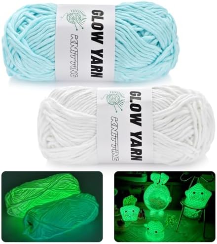 2 Rolls Yarn for Crocheting - Glow in The Dark Yarn for Crochet for DIY Art, Knitting and Crafts, 55 Yard Per Roll Beginner Crochet Kit for Adults, Christmas Halloween Decorations (White+Blue)