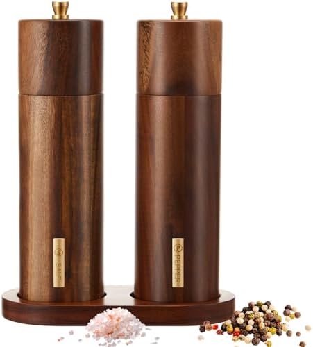 Wooden Salt and Pepper Grinder Set 8 Inch Manual Salt and Pepper Mill with Tray Adjustable Coarseness Refillable Wood Grinders with Gold Bottle Label for Kitchen Christmas Home Gift(Wood Color)