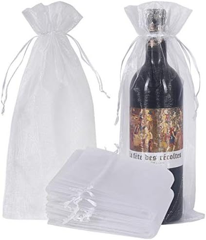 HRX Package 30pcs White Organza Wine Bags, Sheer Mesh Wine Gift Pouches Bottle Covers Dresses Drawstring for Christmas