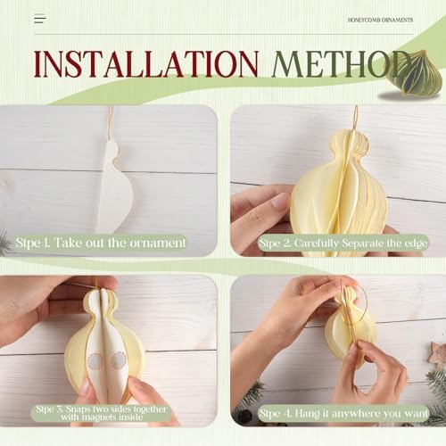 12Pcs Christmas Paper Honeycomb Ornaments for Tree, 3D Glitter Edge Paper Honeycomb Lanterns Foldable Neutral Hanging Decorations for Xmas Tree New Year Holiday Party Home Decor, Red Green Beige