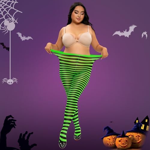 Yilanmy 2 Pairs Plus Size Striped Tights for Women Colored Halloween Christmas Costume Leggings Footed Opaque Pantyhose