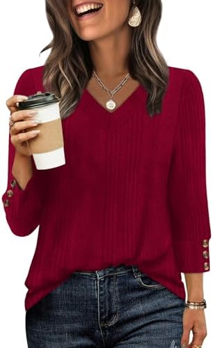 WIHOLL V Neck 3/4 Length Sleeve Womens Tops Casual Fall Shirts Lightweight Tunic Sweaters Fashion Clothes 2025