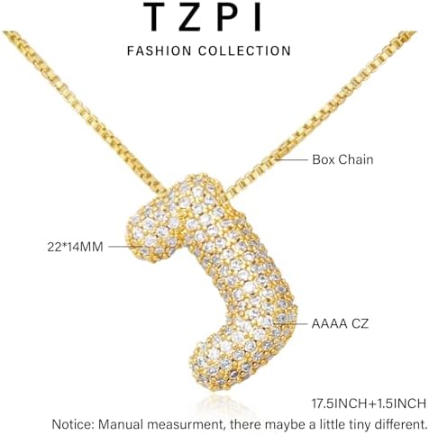 18K Bubble Letter Necklace Gold for Women, Chunky Gold Necklace Rhinestone Initial Necklaces as Christmas Birthday Gifts Charm Puff Name Pendant Alphabet Necklaces Non Tarnish Gold Plated Jewelry