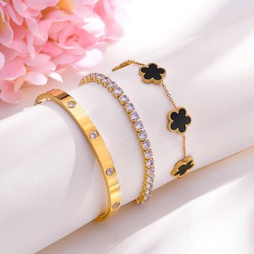 Womens Stackable Floral Gold Bracelets - 3Pcs 18K Gold Plated Bracelet,Stainless Steel Bangle Bracelets Non Tarnish, Gold Bracelet Set Trendy Jewelry,Christmas Valentines Birthday Gifts for Girlfriend