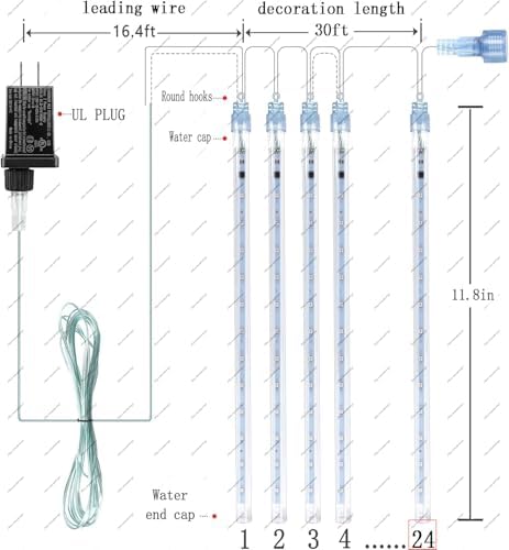 Outdoor Christmas Decorations, 24Tubes Meteor Shower Lights (Equal to 3 Sets of 8-Tubes) Ice Blue LED Icicle Christmas Lights for Halloween Xmas Decorations Tree Party Yard Outdoor