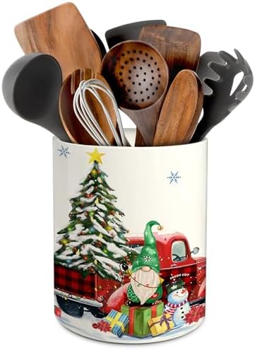 pinata Christmas Kitchen Decor Ceramic Utensil Holder, Cute Christmas Gnome Truck Utensils Holder, Xmas Ceramic Utensils Crock for Rustic Farmhouse Indoor Kitchen Decorations(6.3 Inches)