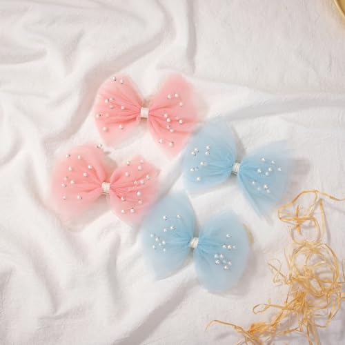 2 PCS Pearl Hair Bows Hair Clips for Toddler Girls - Elegant Ivory Lace Veil Hair Accessories for Birthday, Wedding, Halloween, Thanksgiving, and Christmas Occasions(Light Blue)