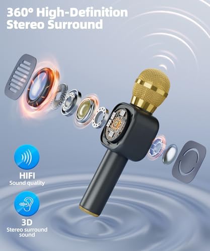 Bluetooth Karaoke Microphone Toy for Kids - Mini Portable Speaker with LED Lights, Wireless Pairing (TWS) for Duet Singing, Christmas Birthday Gift Toys for Boys & Girls Ages 2-12 (black - 1)