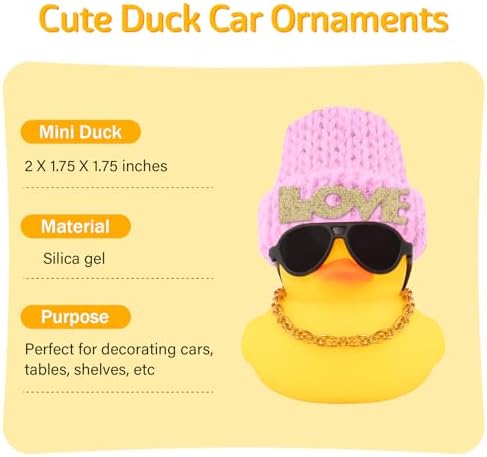 wonuu Car Dashboard Rubber Ducks Saint Valentine's Day Decorations, Christmas Eve Rubber Ducky for Car Ornament Cute Duck with Love Knit Hat, Glasses, Necklace, Pink