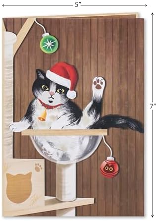 Xmas Cat Tree Pop Up Card, Merry Christmas, Presents, Balls, Funny 3D Greeting Card, Ideal Gift for Xmas Season, Table Decorations, Cat Lover, 5x7 - Includes Envelope And Message Note