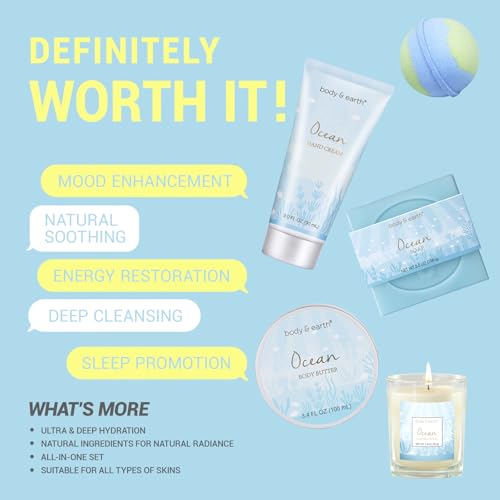 Gifts for Women, Bath and Body Womens Gift Sets with 5 Pcs Ocean Scented Spa Gifts for Women Bath Gift with Scented Candle Body Butter Hand Cream Bath Bomb Christmas Gifts
