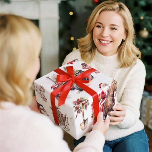 RUSPEPA Christmas Farm Wrapping Paper Roll, Mini Roll, Santa on Horse, Tractor, Red Barn, Farm Animalsand Christmas Decorations, Rustic Gift Wrap for Holiday, Country Party,17 Inches x 16.4 Feet