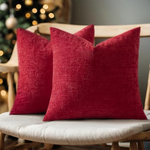 Woaboy Pack of 2 Red Pillow Covers 20x20 Inch Christmas Soft Chenille Couch Throw Pillows Solid Color Cushion Covers Home Decoration for Spring Sofa Living Room
