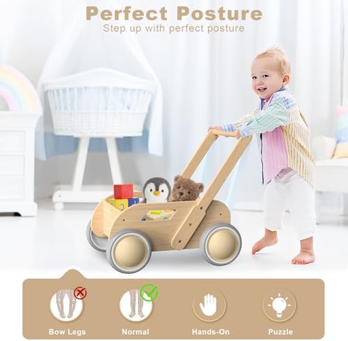 Wooden Baby Walker, Push and Pull Learning Walking Toys for Babies Infants to Toddler, Walker with Wheels for Boys Girls, Gift for Birthday Christmas, Natural