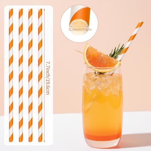 100 Packs Orange Biodegradable Striped Paper Straws, Disposable Drinking Straws for Birthday Carnival Summer Pool Party Wedding Baby Shower Halloween Christmas Party Decoration Supplies