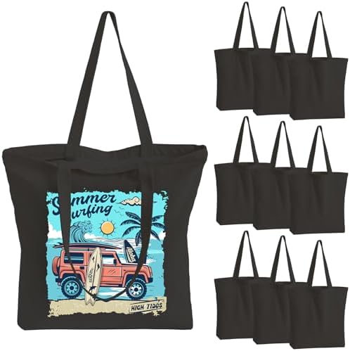 10 Pack Black Canvas Tote Bag with Zipper, OLSUNOR Reusable Grocery Bags with Long Handle, DIY Heat Transfer Sublimation Blanks Shopping Bags for Advertising, Birthday, Halloween, Christmas Craft Bags