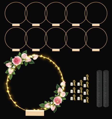 12 Inch 10 Sets Metal Floral Hoop Centerpiece with Wood Stands and LED Fairy Lights, Gold Metal Rings for Christmas Party Dream Catcher Wedding Table Wreath Decor, Wall Hanging Wreaths