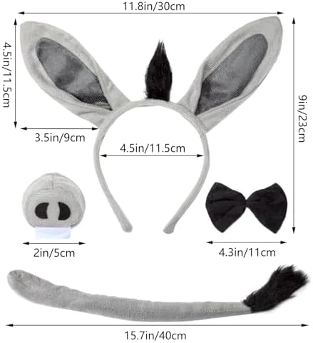 JIALWEN Donkey Costume Set Donkey Ears Headband Nose and Tail Bowtie Animal Kit Cosplay Party Decor Halloween Christmas Easter Dress Up Accessories