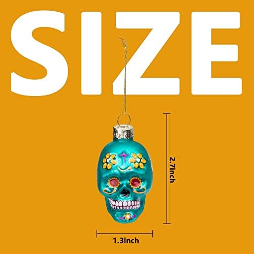 12pcs Day of The Dead Glass Ornaments - Dia De Los Muertos Sugar Skull Ornaments - Halloween Hanging Skeleton Head Ornament for Christmas Tree Hanging Decorations