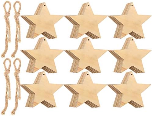 Tatuo 100 Pieces Christmas Wooden Star Ornaments Star Wooden Cutouts for Crafts Hanging Ornaments with Ropes for Embellishments, Wedding, DIY, Craft, Festival