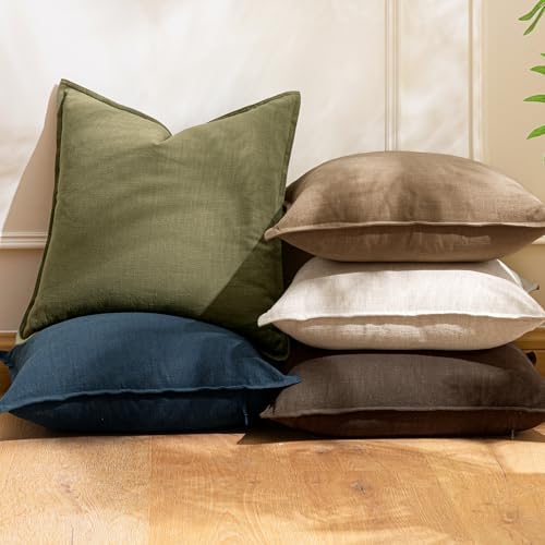 Woaboy 26x26 Inch Set of 2 Euro Sham Decorative Linen Solid Throw Pillow Covers Boho Accent Farmhouse Pillowcases Modern Netural Christmas Home Decor for Bed Couch Sofa Living Room,Olive Green
