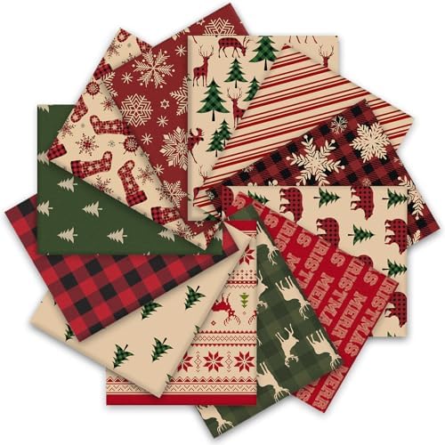 12Pcs Christmas Cotton Fabric Bundles 18 x 22 Inch Red Green Woodland Fat Quarters Xmas Sewing Fabrics for DIY Craft Party Decor