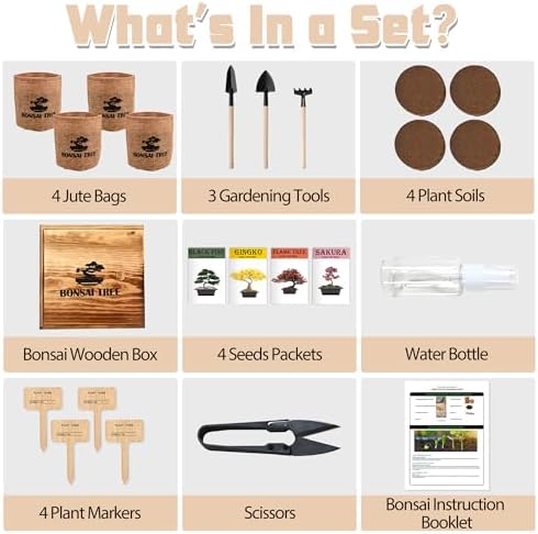 Bonsai Garden Starter Kit, 4 Seeds Growing into Sakura, Ginkgo, Black Pine, Red Flame, Including Complete Gardening Tools & A Wooden Box with Cover, Christmas Gifts for Men Women Beginners