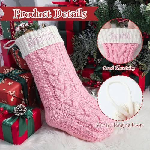 Personalized Christmas Stockings with Christmas Cards,Custom Embroidered Name Monogram Christmas Stocking for Baby Kids Girl Family,18" Large White Pink Knit Xmas Stockings for Fireplace