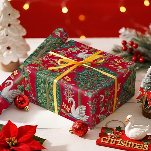 WRAPAHOLIC Vintage Christmas Wrapping Paper Roll - Mini Roll - 17 Inch x 16.5 Feet - Retro Christmas Wrapping Paper with Swan, Trees and Flowers in Middle Ages for Xmas Holiday, Party Celebration