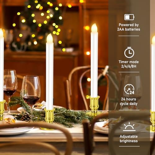 12 Pack Christmas Window Candles, Battery Operated Window Candles with Timer Remote, LED Window Candle with Candle Holders Suction Cups for Christmas Decorations, Gold