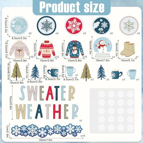 Whaline 85Pcs Winter Bulletin Board Decoration Kit Xmas Tree Snowmen Snowflake Cutouts with Glue Point Christmas Holiday Classroom Bulletin Border Stickers for Home School Office Wall Door Decor