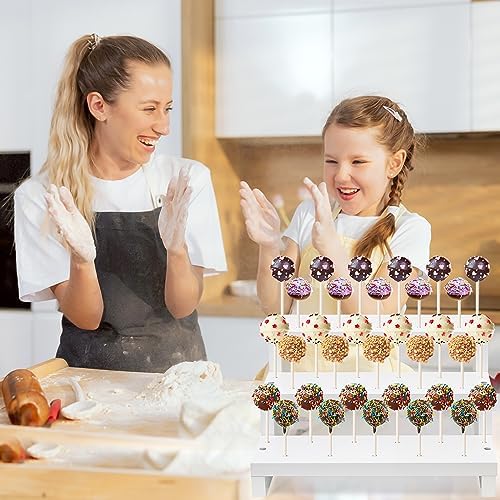 2Pcs Wood Cake Pop Display Stand, White Lollipop Holder 3 Tier with Twist Ties Lollipop Sticks, 33 Holes Sucker Storage Rack for Dessert Table of Wedding Birthday Party Christmas Day (B)