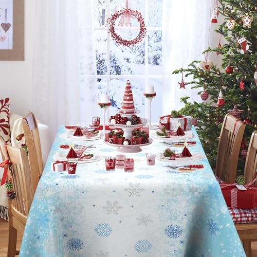 2 PCS Blue White Plastic Snowflake Tablecloth(54x108 Inch) Frozen Birthday Winter Wonderland Decorations Disposable Table Cover Tablecloths for Christmas Holiday New Year Party Favors Supplies Decor