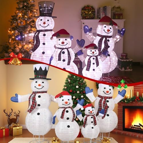 4-Piece 3D Lighted Snowman Family Set Outdoor Christmas Decorations Outdoor Snowman Decorations Collapsible Snowmen Yard Decor for Yard Patio with Weather-Resistant