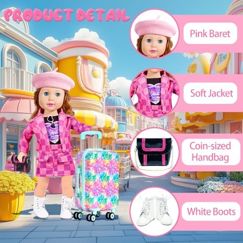 ARTST 18 inch Doll Clothes Accessories Girl Suitcase Luggage Travel Set-Doll Clothing Hat Handbag Sunglasses Camera Computer Passport Cell Phone for Christmas Birthday(NO Doll)