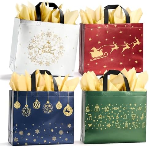 YANGTE 16 Pack 13" Large Christmas Gift Bags With Tissue Paper, Reusable 4 Unique Designs Christmas Bags with Handle for Gifts Wrapping Shopping Xmas Party Supplies(13" x 11" x 5")