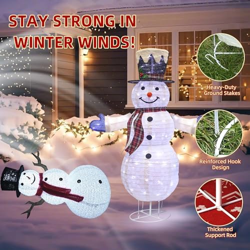 4-Piece 3D Lighted Snowman Family Set Outdoor Christmas Decorations Outdoor Snowman Decorations Collapsible Snowmen Yard Decor for Yard Patio with Weather-Resistant