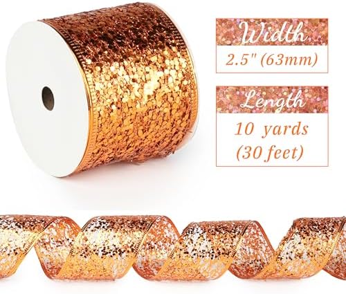 MAYREEL 2.5 Inch Orange Mesh Wired Halloween Ribbon Metallic Sequin Glitter Web for Christmas Tree Gift Wrapping Crafts Topper Bows Wreaths Holiday Decor Garland 10 Yards