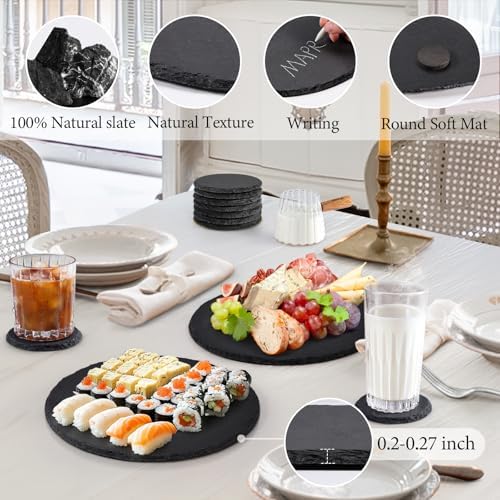 11 x 11 In 4 Pack Slate Cheese Boards, Round Black Stone Plates Charcuterie Boards Serving Tray Slate Platter for Halloween Christmas, Party, Gifts