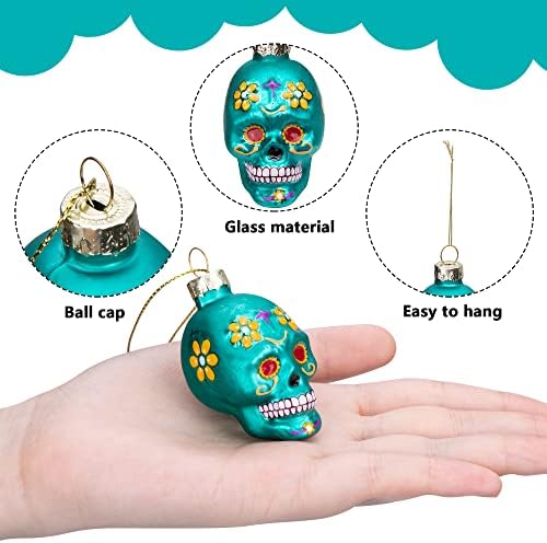 12pcs Day of The Dead Glass Ornaments - Dia De Los Muertos Sugar Skull Ornaments - Halloween Hanging Skeleton Head Ornament for Christmas Tree Hanging Decorations