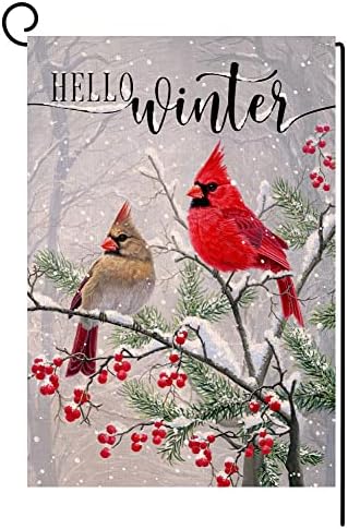 Winter Cardinal Bird Garden Flag 12x18 Vertical Double Sided Farmhouse Trees Snow Christmas Holiday Outside Decorations Burlap Yard Flag BW233